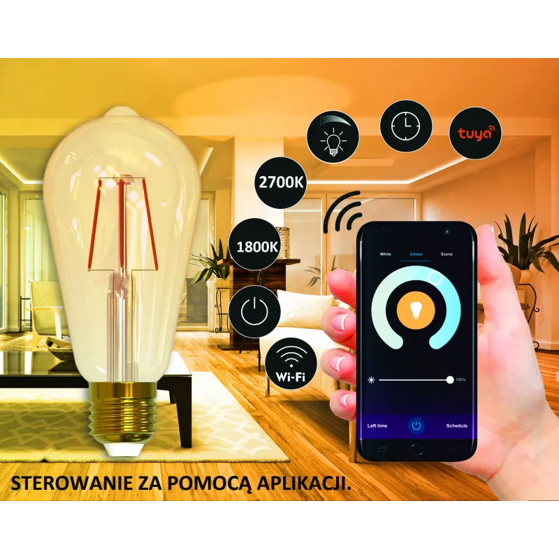 Розумна світлодіодна лампа Sanico Goldlux Wi-Fi E27 з ниткою розжарення ST64 4.9 Вт, тепла 1800K ~ 2700K, TUYAsmart – 313829